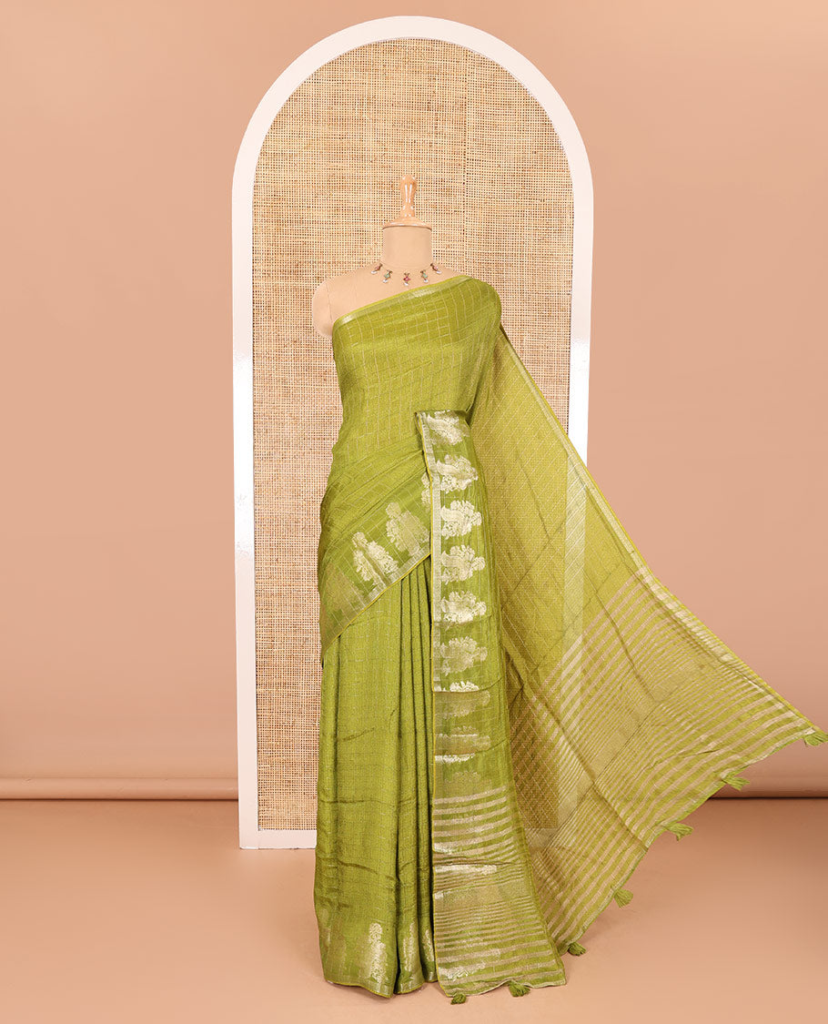 Green micro-checked design viscose khadi silk saree, peacock zari motifs woven border, zari striped pallu, and a matching blouse