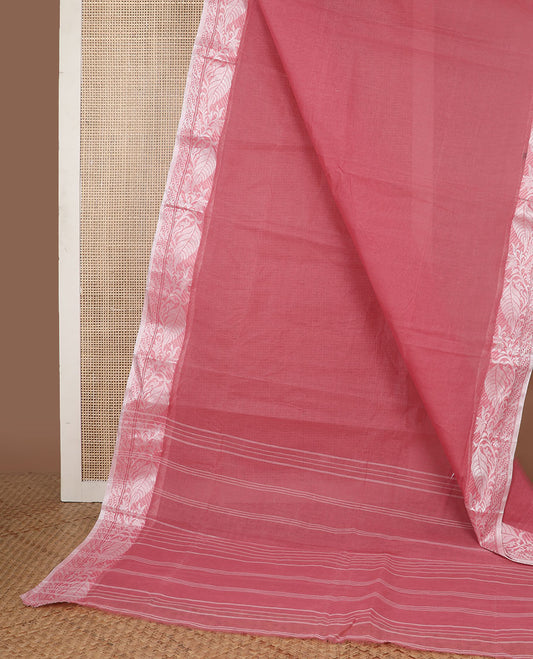 Pink bengal cotton saree with contrast floral design border & striped pallu