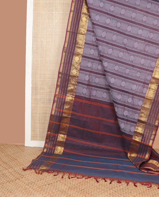 Violet intricate geometric design kanchi cotton saree with contrast zari design border & striped pallu