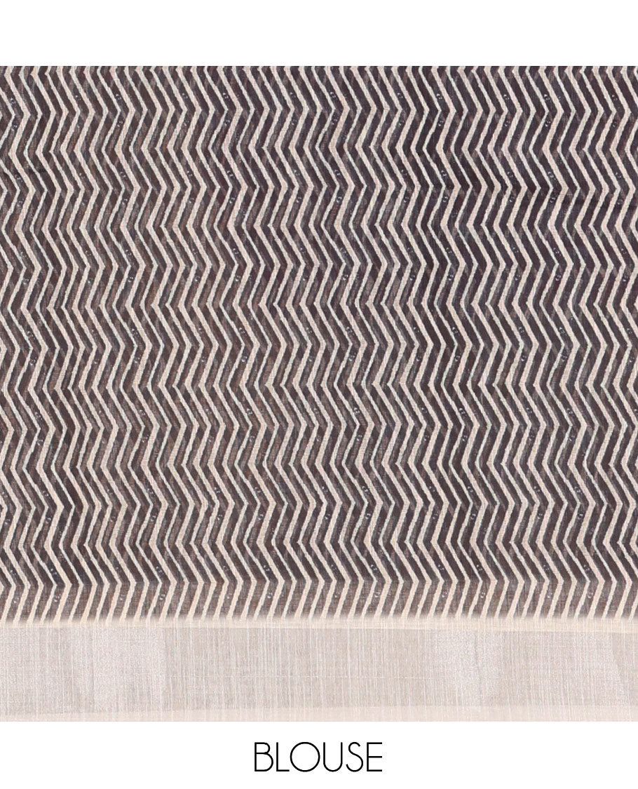 Cream Linen Cotton Saree Features Ajrakh Geometric Print, a Zari Border, Printed Pallu, Contrast Blouse