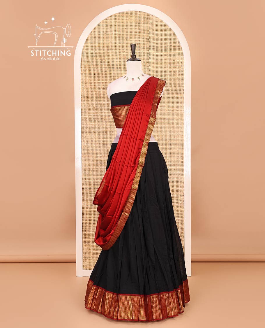 Black-red Mercerised cotton half-saree, plain with contrast arai madam border skirt, matching blouse & contrast arai madam border dhavani