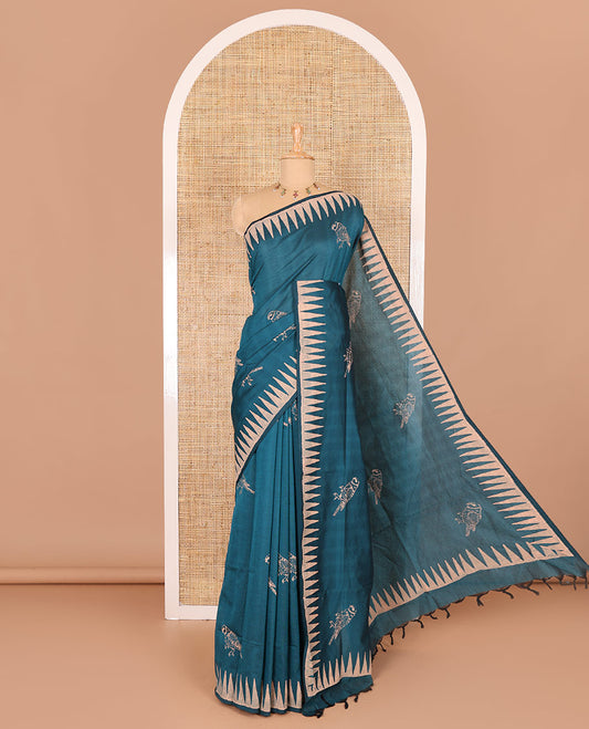 Peacock green sparrow motifs block printed South cotton saree, temple printed border, printed pallu, a matching blouse and a contrast floral vine printed blouse