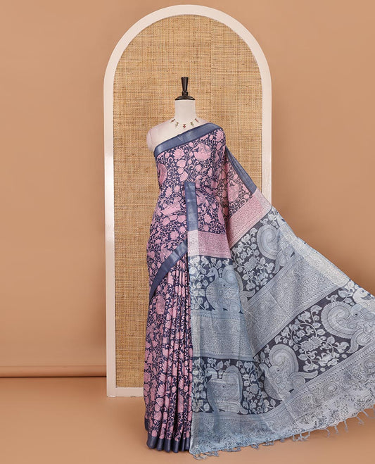Blue flora-fauna kalamkari printed Bhagalpur linen saree, zari border, contrast floral-peacock printed pallu & contrast printed blouse