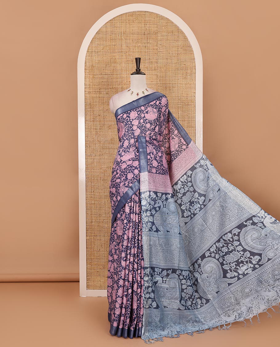 Blue flora-fauna kalamkari printed Bhagalpur linen saree, zari border, contrast floral-peacock printed pallu & contrast printed blouse