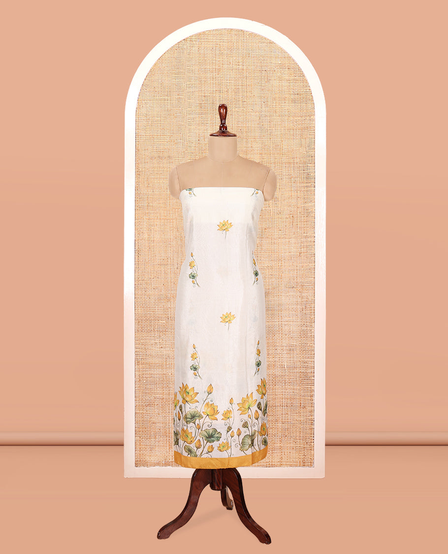 Cream-Yellow Semi-Silk Material Chudidar, Lotus Printed Top, Matching Bottom, Lotus Printed Dupatta