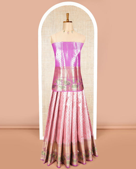 Baby pink floral jacquard art silk half saree with zari design border, zari design blouse plain, floral design dhavani