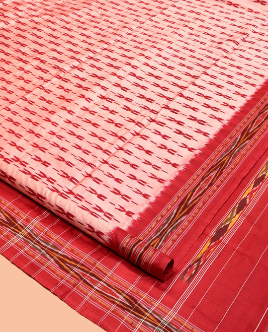 Peach Pochampally Ikat Silk Saree, Elevated with Cross-Shaped Buttas, Complemented by a Contrast Ikat Design Border, Ikat Pallu, and No Blouse