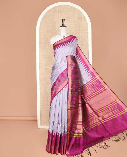 Grey Plain Dupion Silk Saree, Complemented by a Contrast Temple Zari Border, Gleaming Zari Pallu of Traditional Designs, and Paired with a Contrast Blouse