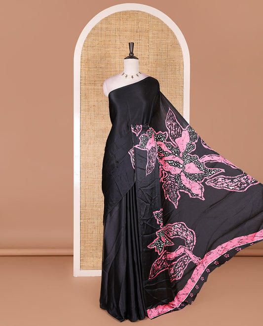 Borderless black-light pink batik style abstract digital printed satin crepe saree with blouse of small buttas