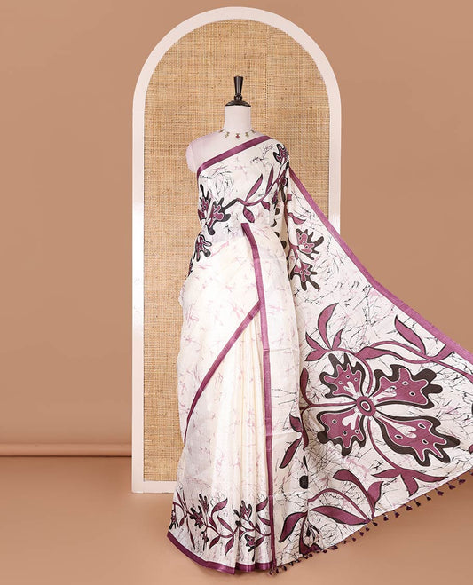 Half-white batik-style floral vine printed khadi cotton saree, contrast wine border, batik floral printed, and contrast flower motifs printed blouse