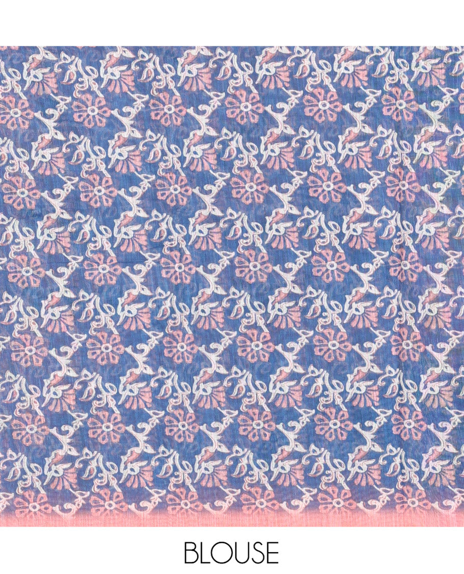 Onion Pink Linen Cotton Saree, Adorned with Shibori Print, Gold Piping Border, Contrast Floral Printed Pallu, and Contrast Floral Printed Blouse