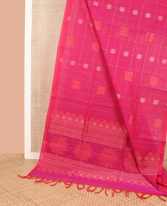pink geometric, floral design coimbatore cotton saree with contrast border & floral design pallu