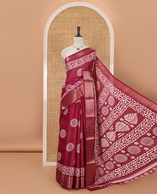 Purple golden zari striped & batik-printed dola silk saree, traditional zari border & batik printed pallu & matching batik printed blouse
