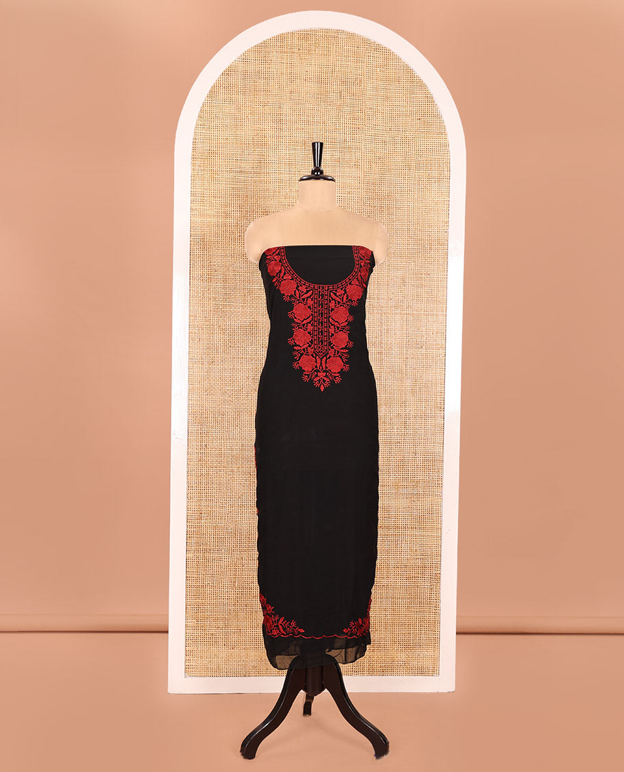 Black and Red Material Chudidhar Set, Accentuated with Floral Thread Embroidered Fox Georgette Top, Plain Santoon Bottom, and Fox Georgette Scallop Dupatta with Floral Thread Embroidery
