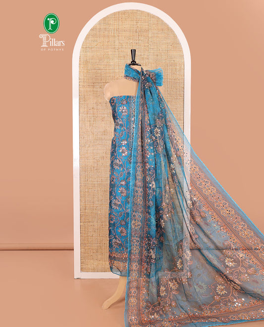 Blue Material Chudidar Set Embellished with Floral Vine with Mirror Work Organza Top, Subtly Made Plain Santoon Bottom, and Organza Dupatta Featuring Floral Vine Print and Mirror Work