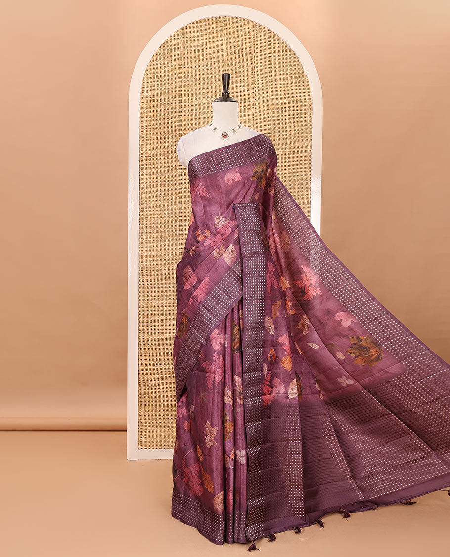 Purple leaf motifs eco-digital printed fancy tussar saree, zari border & pallu woven with dobby-style buttas