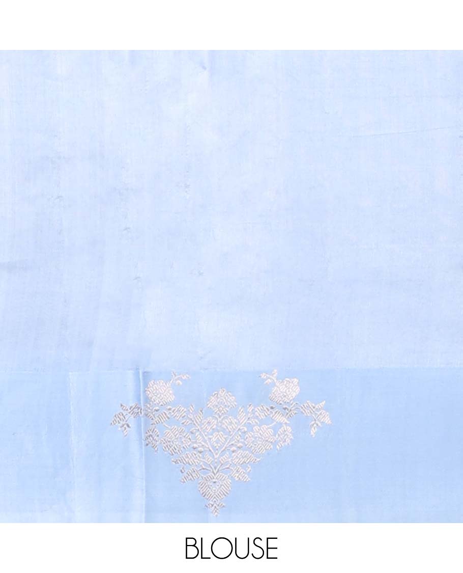Blue floral buttas raw mango silk saree with self floral border & jaal zari design pallu