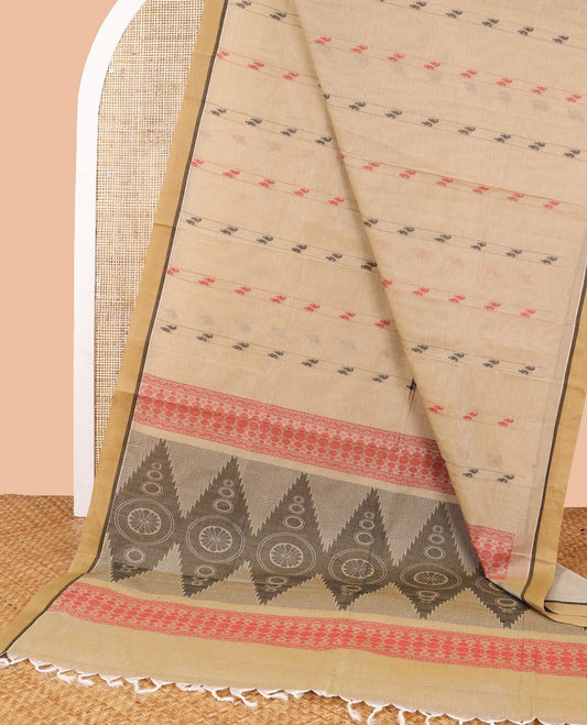 Beige floral motifs coimbatore cotton saree with contrast zari border & floral design pallu