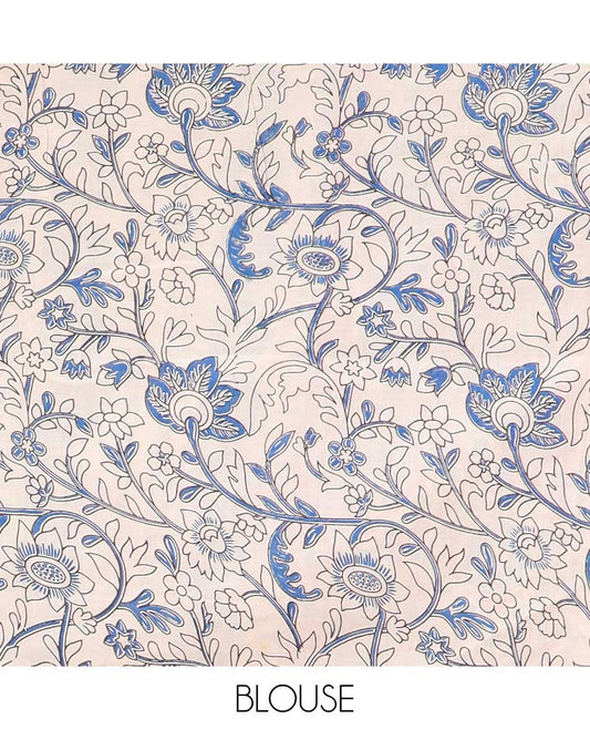 Cream animal motifs machine printed kalamkari cotton saree, contrast peacock border & intricate pallu