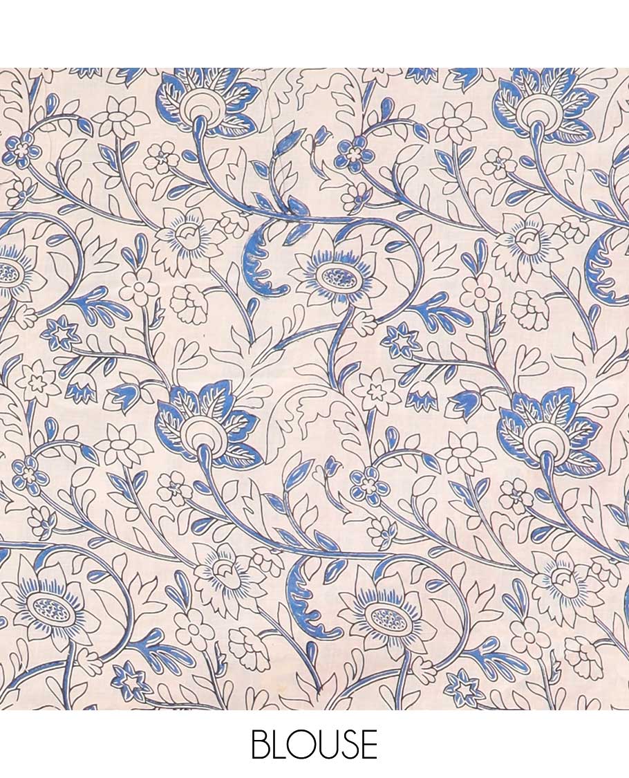 Cream animal motifs machine printed kalamkari cotton saree, contrast peacock border & intricate pallu