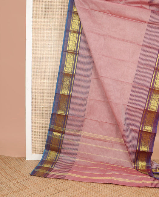 Light red striped kanchi cotton saree with contrast intricate zari design border & striped pallu