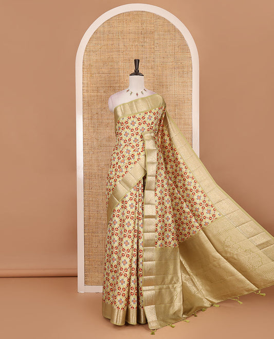 Light mehendi green patola style printed fancy tussar saree, traditional zari border, intricately zari woven pallu and printed blouse