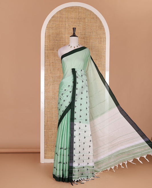 Green triangle motifs mercerised cotton saree, contrast plain border, striped pallu, and matching triangle motifs blouse