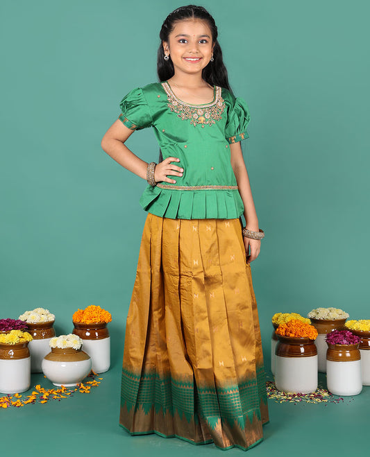 Mustard readymade art silk pavadai, zari buttas & contrast traditional zari border skirt & embroidered puff-sleeve round-neck blouse