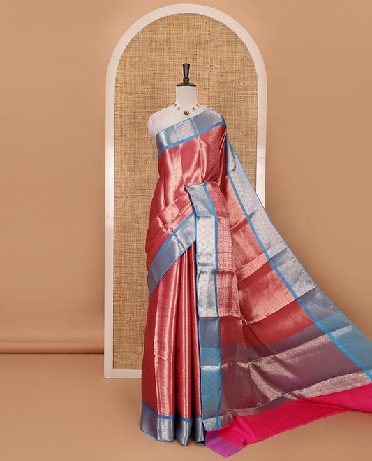 Pink zari jacquard tissue banaras saree, contrast traditional zari design border, intricate pallu & contrast jacquard blouse