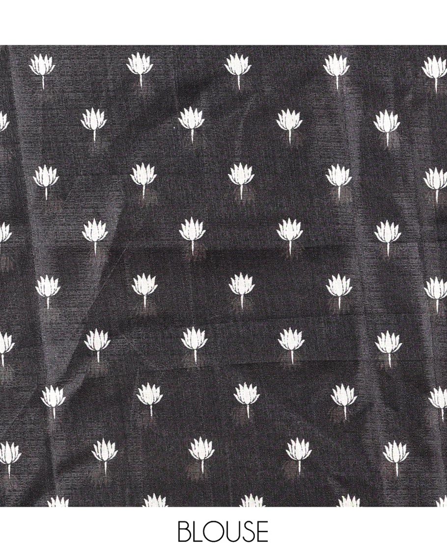 Cream and Black Khadi Cotton Saree, Elevated with Shibori Print On Its Body, Complemented by Contrast Plain Border, Plain Artfully Pictures Village-theme Scenery Print, and Paired with a Contrast Blouse