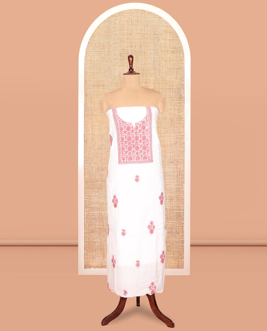 White-Onion Pink Mul Chanderi Material Churidar Features a Floral-Themed Thread-Embroidered Top, a Plain Santoon Bottom, and Thread Embroidered Dupatta