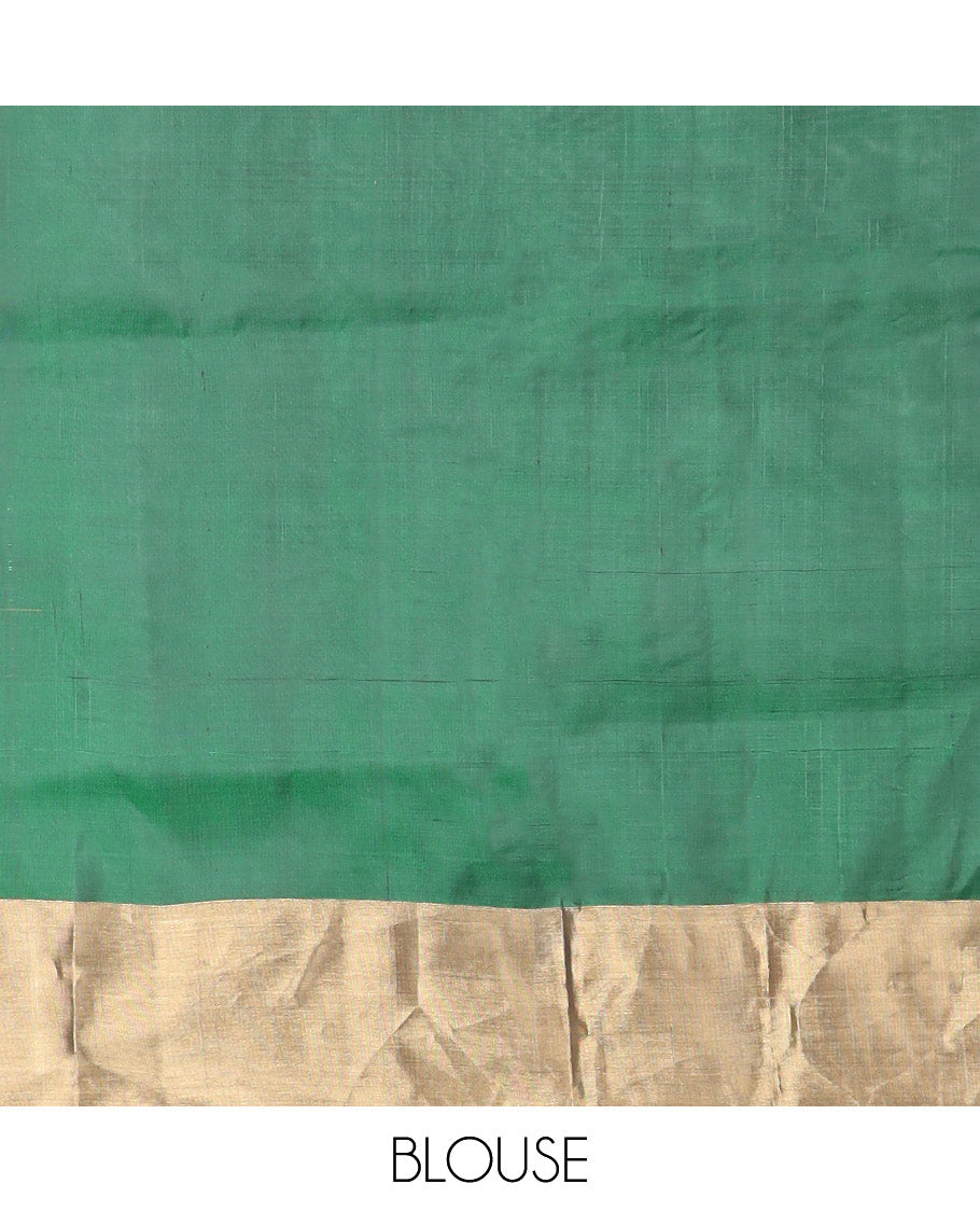 Green floral motifs semi-soft silk saree with contrast zari border & floral, temple zari design pallu