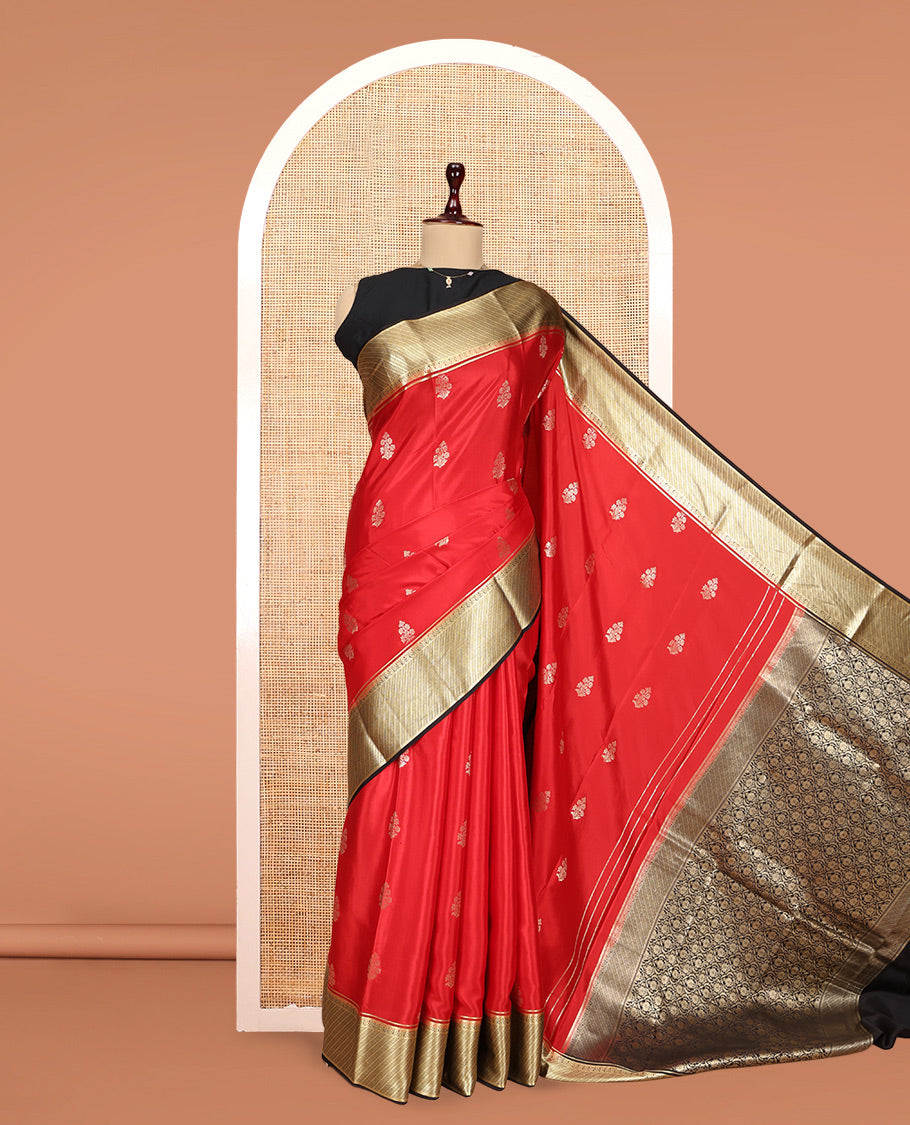 Red Mysore Silk Saree Features Floral Buttas, Contrast Traditional Zari Border, an Intricate Pallu, and a Contrast Blouse