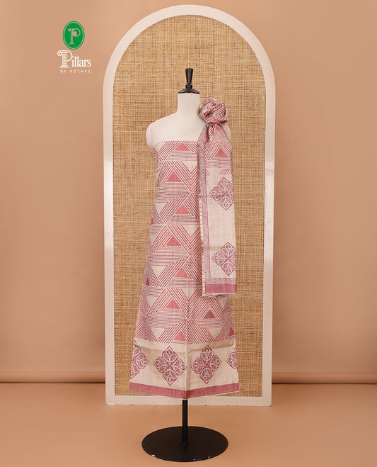 Onion pink semi-tussar material chudidar set, triangle printed top, heathered bottom & dupatta of triangle & four-petal floral print
