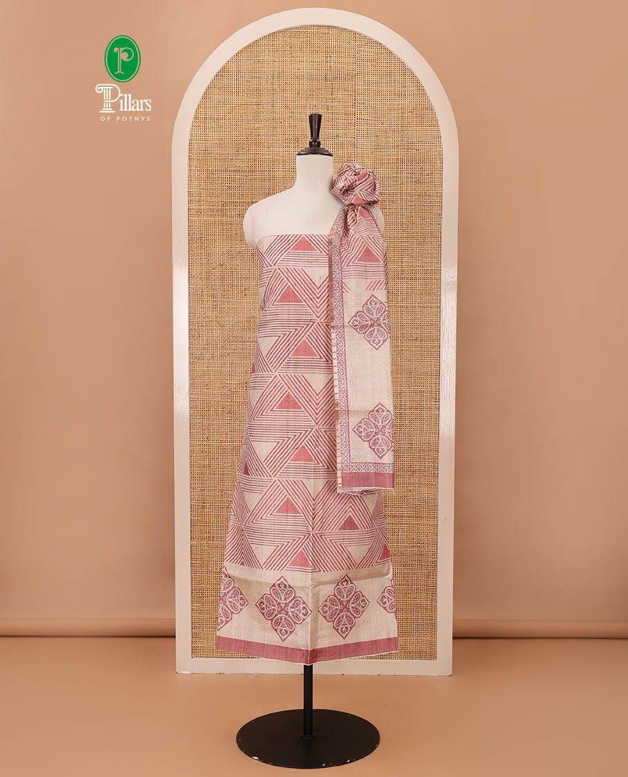 Onion pink semi-tussar material chudidar set, triangle printed top, heathered bottom & dupatta of triangle & four-petal floral print