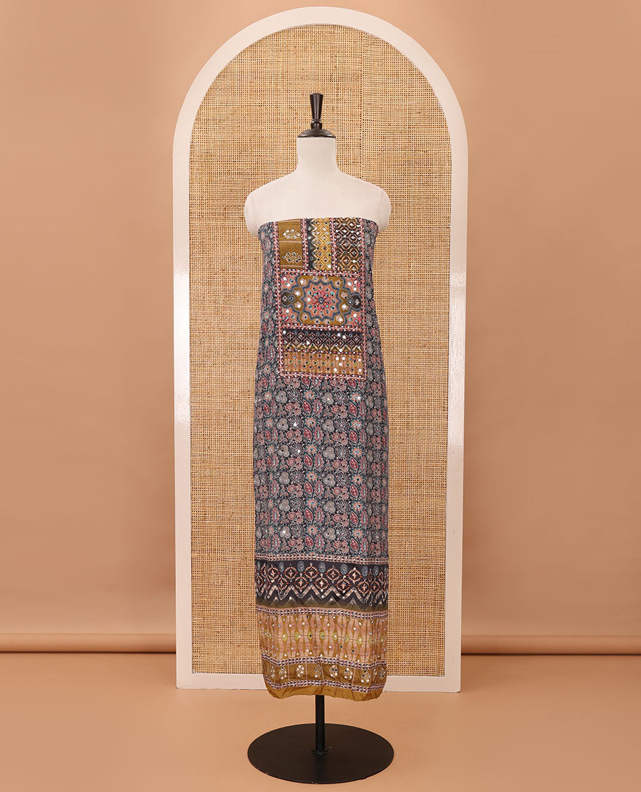 Black & mustard material chudidar set, Arjrakh print & mirror work Masakali crepe top,santoon bottom & Arjrakh print & mirrorwork chinon dupatta