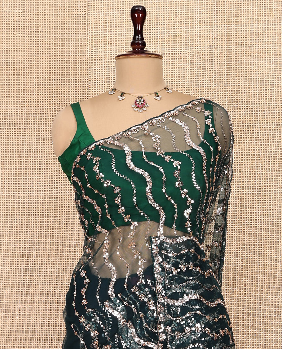 Teal Blue Zig-Zag Sequin Striped Net Designer Saree with a Matching Blouse