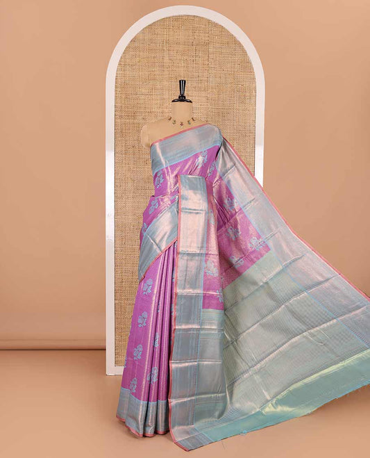 Lavender resham rose motifs and zari woven Kanchi tissue saree, contrast traditional zari border, gleaming pallu, and a contrast jacquard blouse