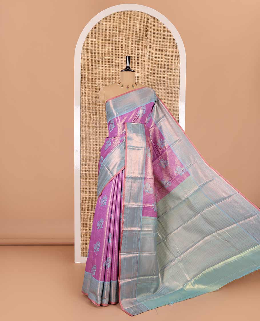 Lavender resham rose motifs and zari woven Kanchi tissue saree, contrast traditional zari border, gleaming pallu, and a contrast jacquard blouse