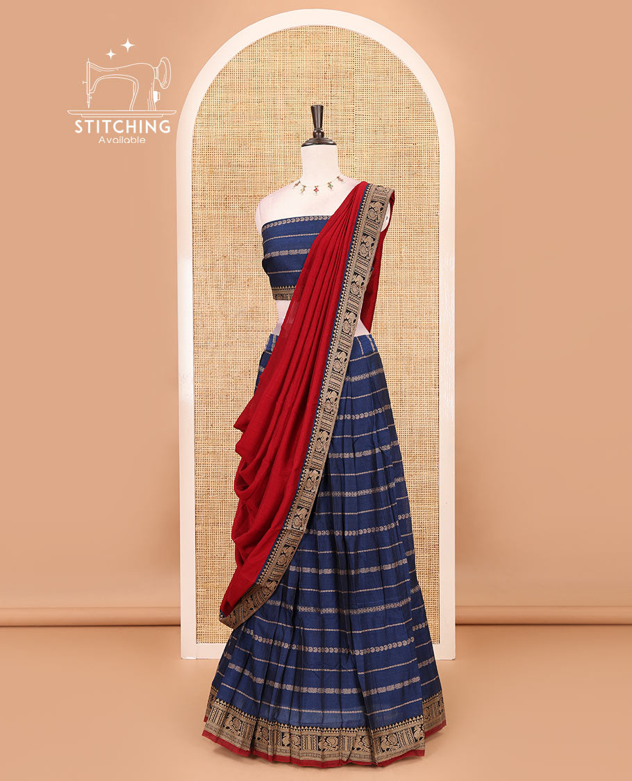 Blue-maroon mercerised cotton half-saree, traditional design resham thread skirt, matching traditional design blouse & contrast syska georgette dhavani