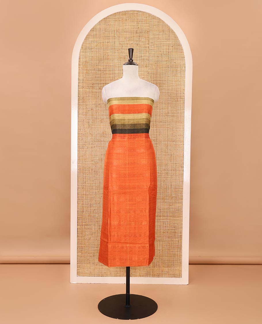 Orange material chudidar set, horizontal ombre striped semi-tussar top, plain santoon bottom & horizontal ombre striped dupatta with tassels