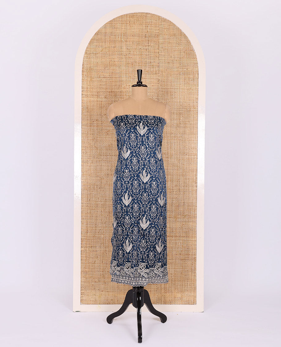 Peacock blue material chudidar set, intricate thread embroidered with stone work velvet organza top, a matching santoon bottom, and a embroidered velvet organza dupatta