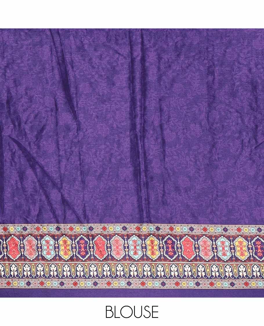 Dark violet half-&-half style geometric print & mirror embroidery masakali saree,self-border & pallu of print & mirror work,plain blouse