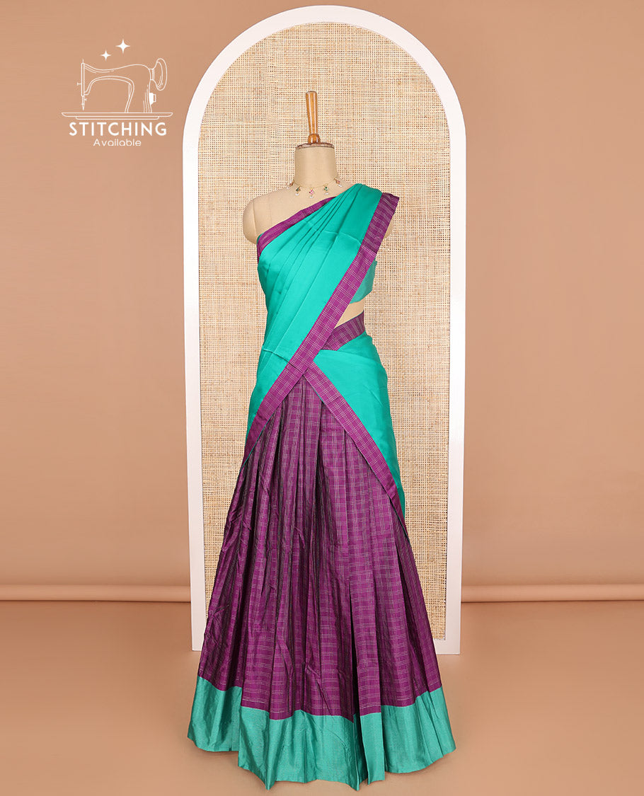 Purple checked poly-cotton half saree with contrast border, plain blouse & plain, checked border dhavani