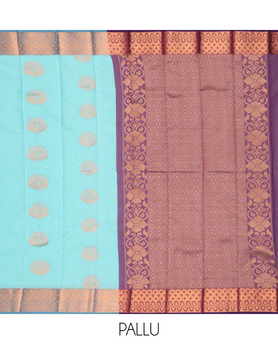 Light blue motifs kora cotton saree with contrast zari design border & intricate zari design pallu