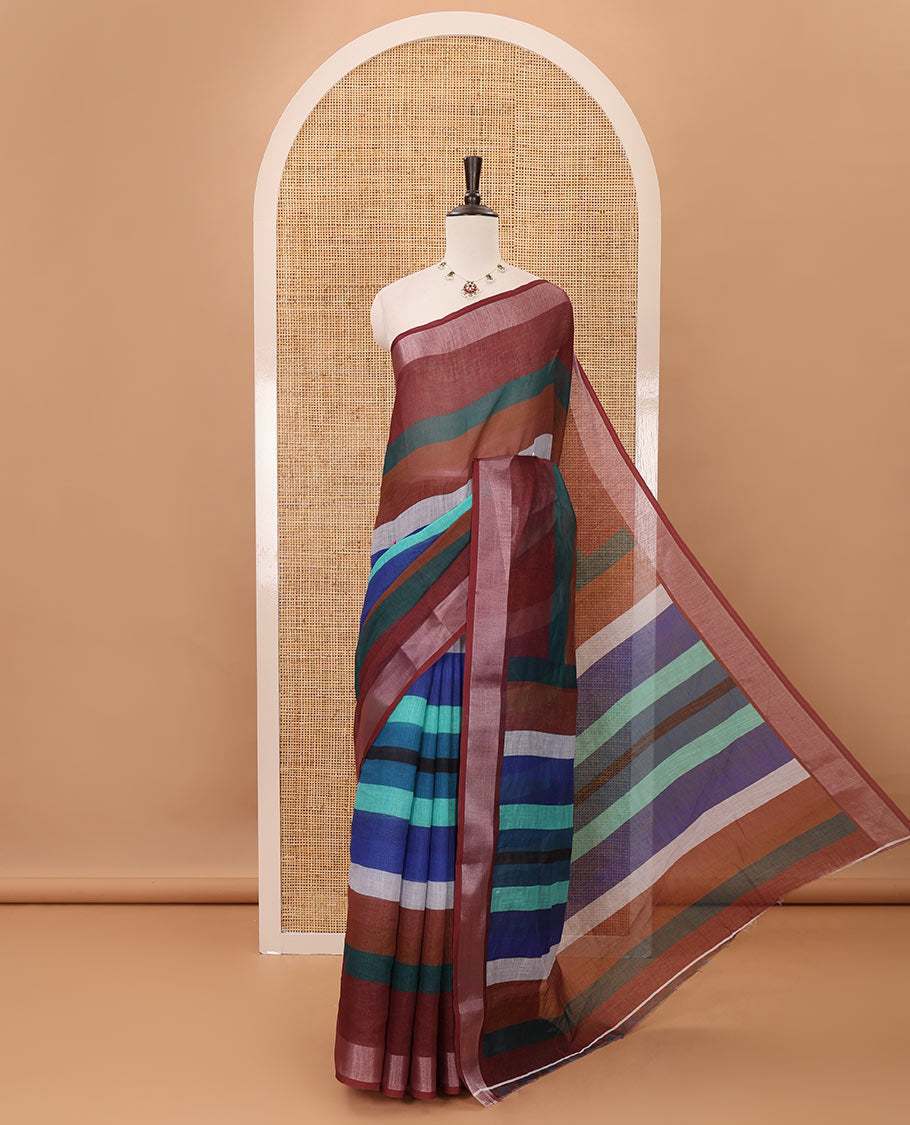 Multi-color striped linen saree, zari border, multi-color striped fancy pallu & colorful chevron striped blouse