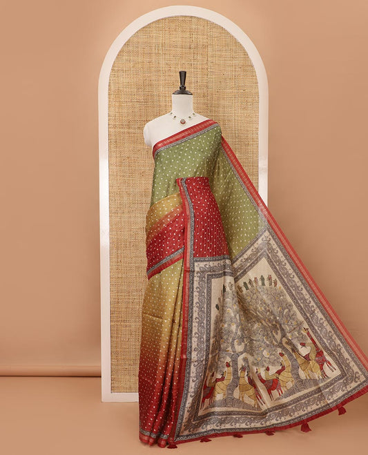Multi-color ombre-style dyed bandhani dots print checked khadi tussar saree,piping printed border,flora-fauna printed pallu & contrast printed blouse