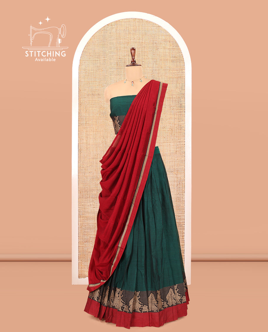 Green Mercerised Cotton Half-Saree Features a Plain Skirt, a Contrast Wedding-Themed Border, a Matching Blouse, a Contrast Dhavani