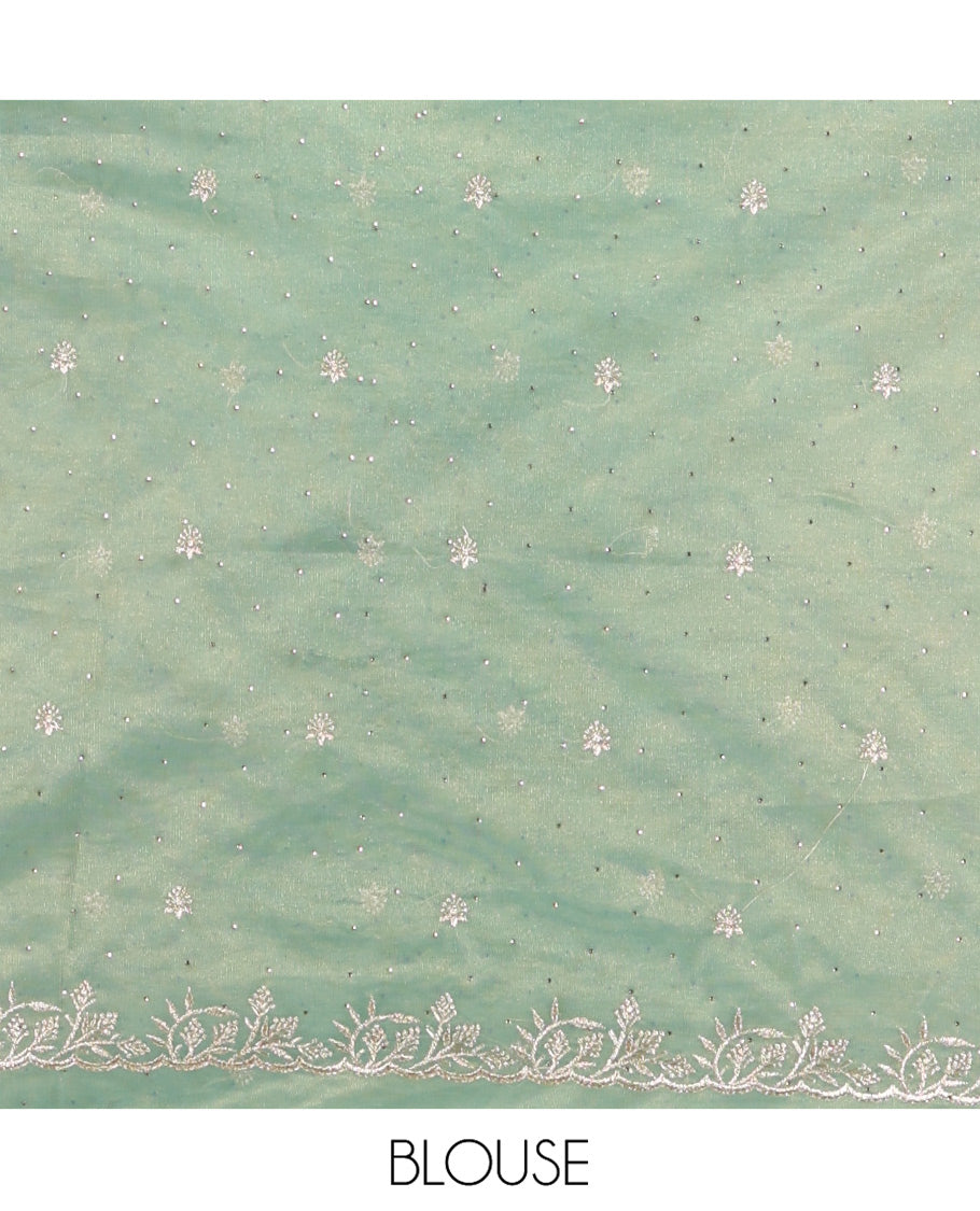 Green Twill Net Saree, Gleamed Up with Stone Work, Highlighted by a Scallop Embroidered Border, and Paired with a Matching Blouse