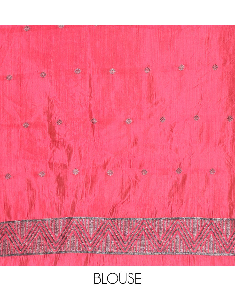 Pink Semi-Tussar Saree Subtly Woven With Floral Zari Buttas, Featuring a Geometric-Patterned Zari Border, Adorned With a Butta-Enclosed Checked Pallu, and a Matching Blouse